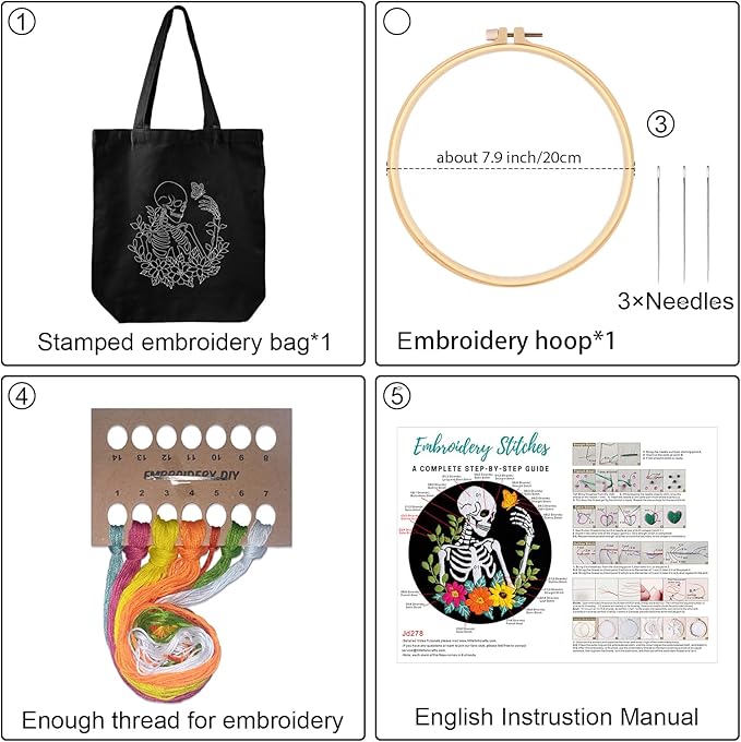 louise maelys helloween embroidery kit canvas tote bag for beginners,cross stitch kits for adults,diy crafts skull flowers pattern,women shopping reusable grocery bags
