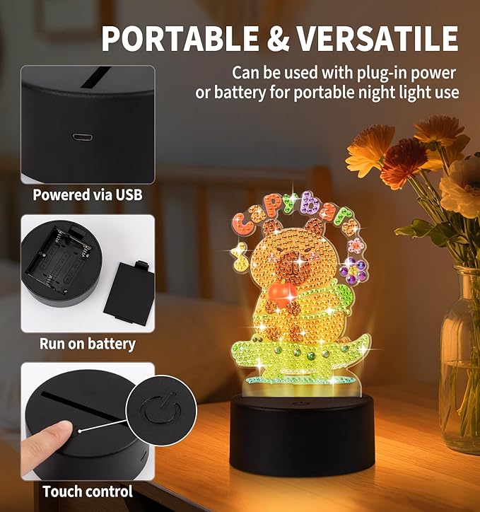 Diamond Painting Night Light, Diamond Painting Kits For Adults Desktop Ornaments For Table Tabletop Decor Diamond Art Accessories For Adult Beginner Touch Lamp for Bedrooms Living Room- Capybara