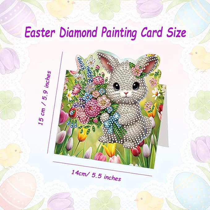 8 Pack 5D DIY Diamond Painting Greeting Card Kit, Diamond Art Greeting Card, Art Crafts Kit Creative Gift with Envelope (Easter Bunny B)