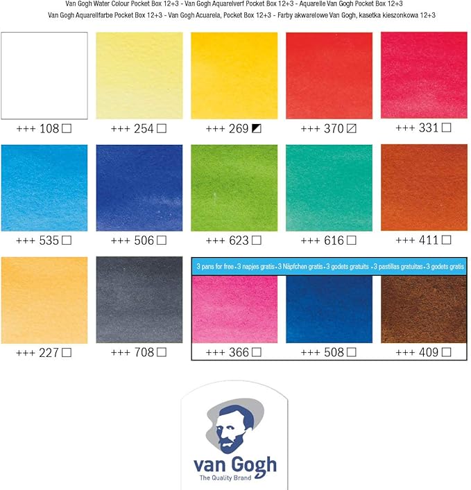 Van Gogh Watercolor Paint Set, Plastic Pocketbox, 12-Half Pan + 3-Half Pan Bonus General Selection