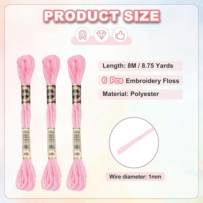 PATIKIL 6 Skeins Embroidery Floss, Polyester Embroidery Threads Bracelets String for Cross-Stitch Hand Embroidery, Light Pink