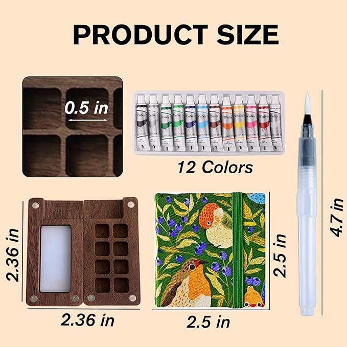 Aimery Mini Watercolor Paint Travel Set, Portable Small Miniature Pocket Water Color Painting Kit with Wooden Palette & Sketchbook(Hummingbird)