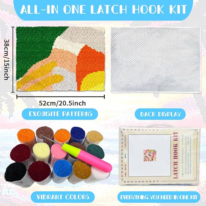 ORIGACH Abstract Color Blocks Latch Hook Rug Kit for Adults Printed Rug Making Kit Handmade Carpet Tapestry Cover with Hook Latch and Preprinted Canvas, Home Arts Crafts Sofa Decor, 20.5x15inch
