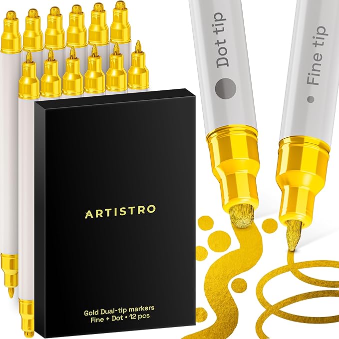 ARTISTRO 12 Gold Acrylic Paint Markers for Rock, Fabric, Wood, Glass, Eggs - Dual-Tip Paint Pens for Coloring Books for Adults, Teens, Kids - Art & Craft Supplies - Gift Idea - Easter Basket Stuffers