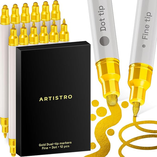 ARTISTRO 12 Gold Acrylic Paint Markers for Rock, Fabric, Wood, Glass, Eggs - Dual-Tip Paint Pens for Coloring Books for Adults, Teens, Kids - Art & Craft Supplies - Gift Idea - Easter Basket Stuffers