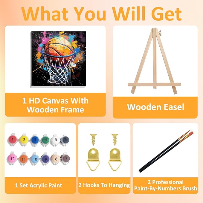 Paint by Numbers Kit for Kids with Frame, Basketball Paint by Numbers for Kids Ages 4-8-12, DIY Basketball Acrylic Oil Painting for Home Wall Art Decor Gift 7.8x7.8 inch (with Frame Easel)