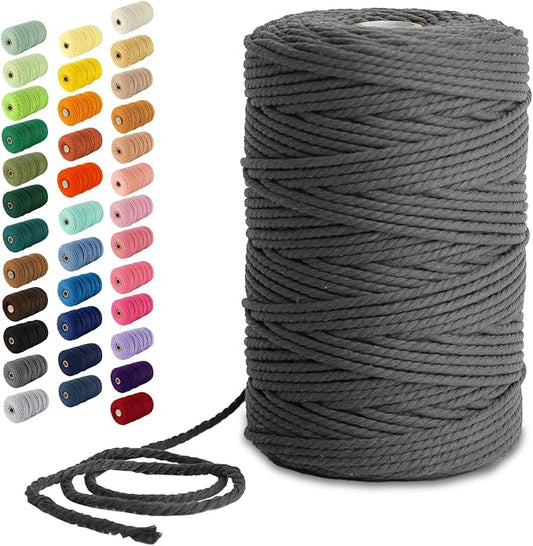 Nook Theory Macrame Cord - 3mm 220 Yards Cotton Rope, 4mm 5mm Yarn, String for Crafts, Perfect for Macrame Wall Hanging and Boho Decorations (Charcoal)