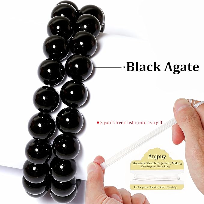 8mm Natural Black Agate Round Bead - 45PCS Bulk Gemstone Beads for Jewelry Making, DIY Bracelets, Necklaces - Includes Crystal Stretch Cord - Beads for Crafting Gifts