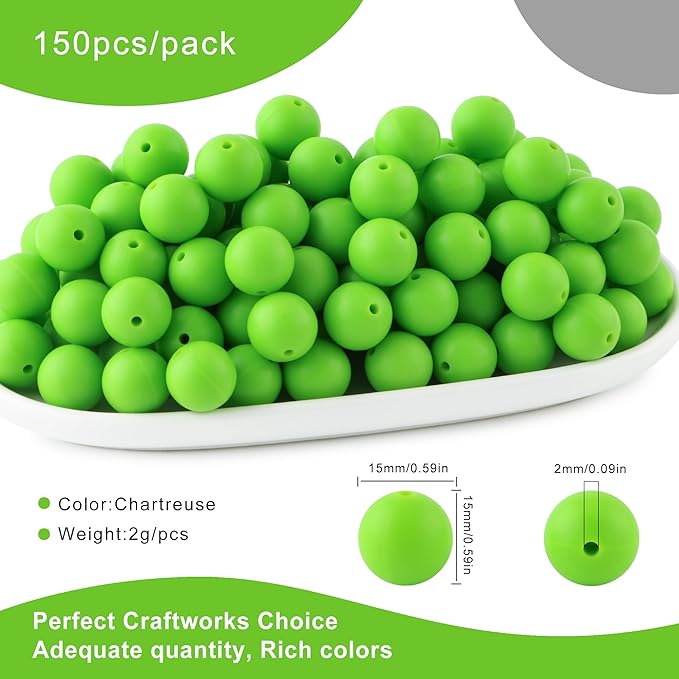 150Pcs 15mm Silicone Beads for Keychain Making Bracelet Necklace, Bulk Round Silicone Beads for Pens（Chartreuse）
