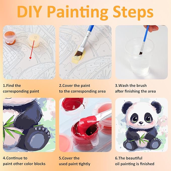 Paint by Numbers Kit for Kids with Frame, Panda Paint by Numbers for Kids Ages 4-8-12, DIY Panda Acrylic Oil Painting for Home Wall Art Decor Gift 7.8x7.8 inch (with Frame Easel)