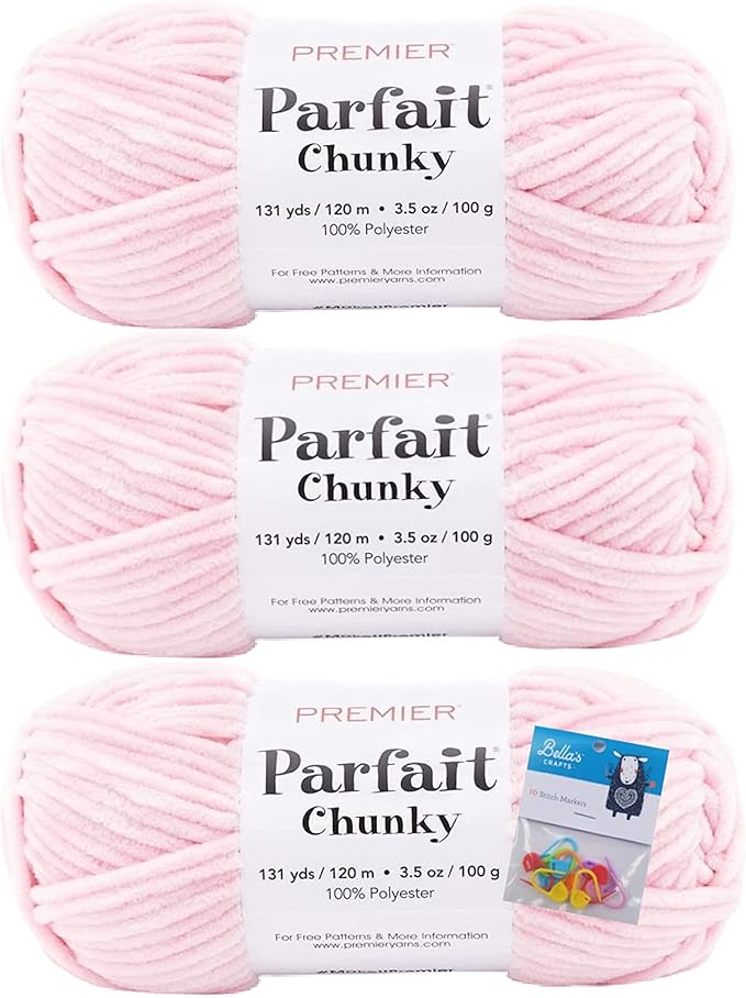 Premier Yarns Parfait Chunky Chenille Yarn 3.5 Oz 6 Super Bulky Weight 3 Pack Bundle with Bella's Stitch Place Holders (Ballet Pink)