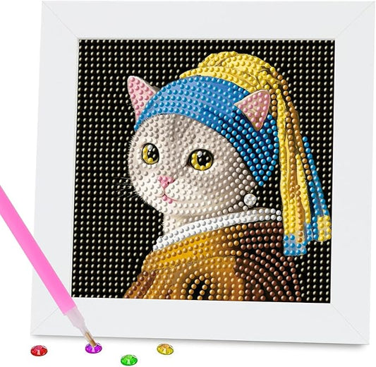 FlyingMage 5D Diamond Art Painting Kits with Wooden Frame, Cute DIY Diamond Art Mosaic Kits for Adults Women Teen, Kawaii Diamond Crafts Arts Full Drill Diamond Dots (Black+Yellow Pearl Earring)