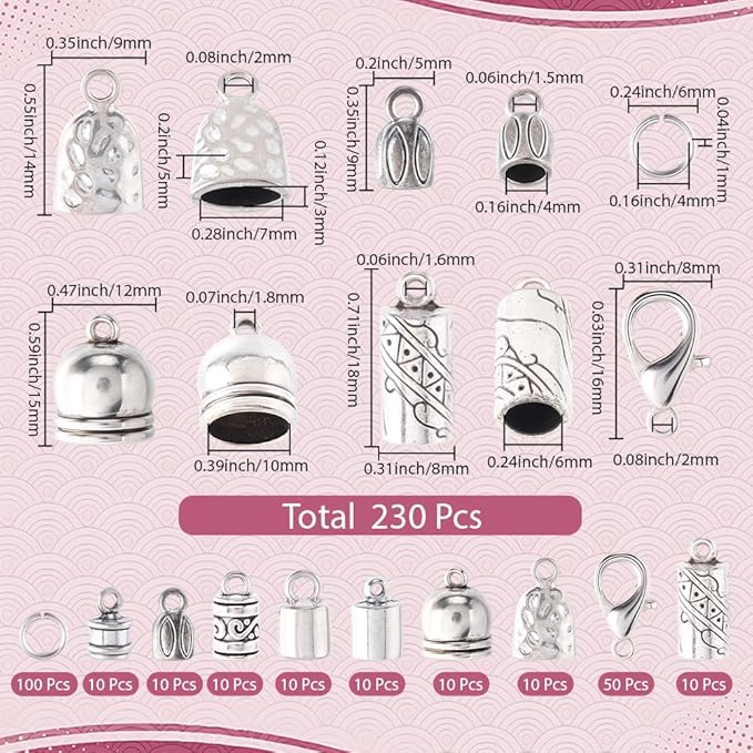 SUNNYCLUE 1 Box 230pcs Tassel Cord End Caps Kumihimo Cord Ends Antique Silver Tibetan Crimp Glue in Barrel Leather Thread End Terminator Tips with Lobster Clasp for Jewelry Making Kits Bracelets DIY