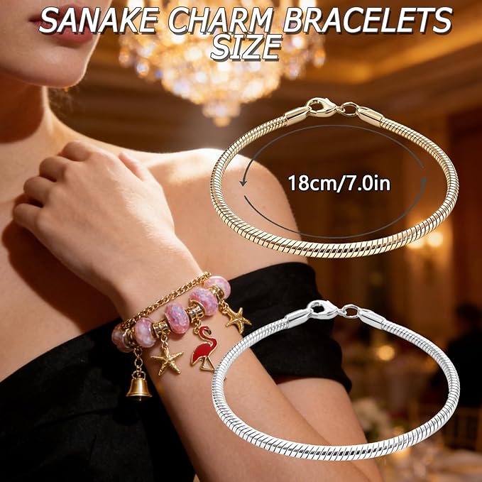 Exway 10 Pcs Snake Charm Bracelet Chain 7.0 Inch Gold and Silver Charm Bracelet Kit Snake Chain Bracelets Chain for Christmas DIY Women Jewelry Making Gifts