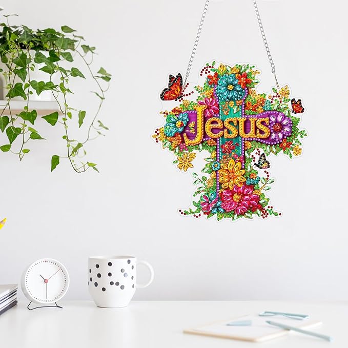 MAXBYE Diamond Art Kits for Adults Hanging Pendant, Jesus Cross DIY Special Shaped Diamonds Painting Double Sided Rhinestone Gem Art for Beginners Gift Window Wall Door Decoration 8×8 Inch