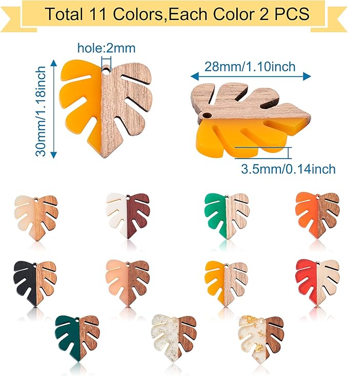 Beadthoven 22pcs/11 Pairs Natural Wood Resin Charms Monstera Leaf DIY Earrings Pendants Mixed Colors Tropical Palm Leaves Wooden Pieces Pendants for Statement Jewelry Making Findings