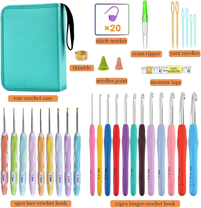 Mdoker 21 Sizes Crochet Hooks Set,Ergonomic Crochet Hook with Case for Arthritic Hands,Complete Crochet Set for Beginners & Crochet Lovers(0.8mm-10mm,Blue)