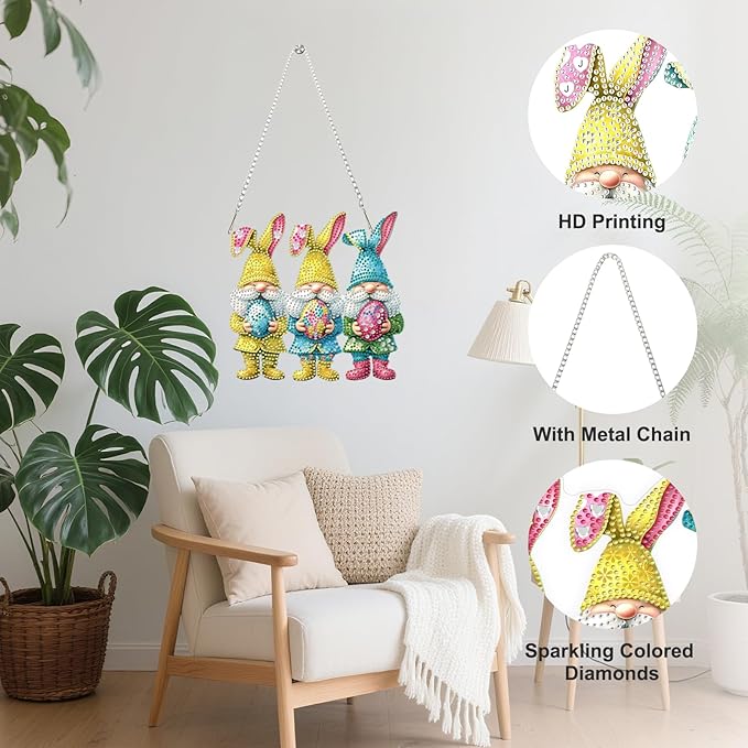 Easter Gnome Diamond Art Hanging Ornaments Kits for Adults, Diamond Painting Pendant Kits, DIY Acrylic 5D Special Shaped Crystal Gem Art Painting Ornament for Home Wall Easter Decor Gift 8x8 Inch