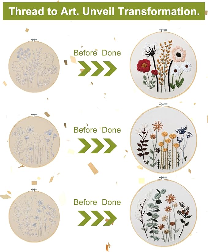 Santune 3 Sets Embroidery Kit,Cross Stitch Kits for Beginners,Needlepoint Kits for Adults with Easy Floral Pattern Hand Crafts,Hoop,Needle,Mothers Day Gifts
