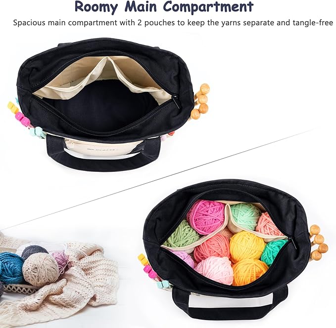 Canvas Yarn Storage Organizer Bag Washable Crochet Bag with Pockets for Yarn, Hooks, Needles – Travel Knitting Tote for Crafters – Gift for Crocheters & Knitters (Medium/Large)