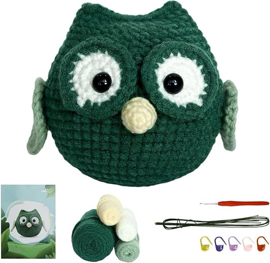 Fortilo Crochet Kit for Beginners Crochet Animals Green Owl with Step-by-Step Video Tutorials 30% Extra Yarn, Perfect for Gifts, Emotional Support, Ideal Knitting Kit for Adults, Kids