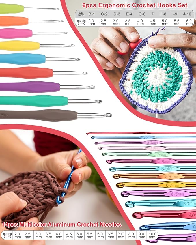 Aeelike Crochet Kit for Beginners Young and Old, First Crochet Kit for Adults Include 23pcs Crocheting Hooks, 655 Yards Yarn Set, Instruction, Bag, Crocheting Accessories and Supplies, WineRed