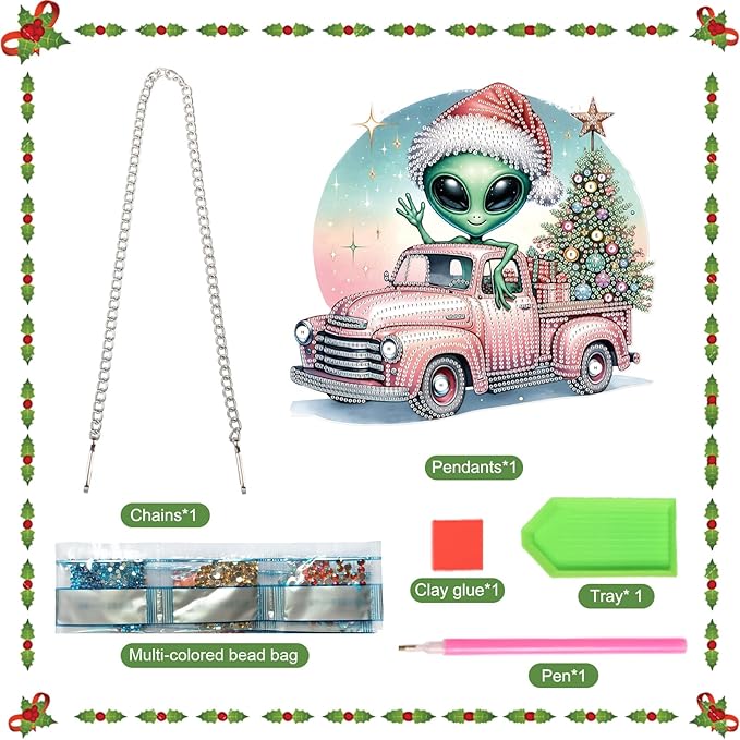Alien Diamond Painting Hanging Ornament Kit, 5D DIY Christmas Truck & Tree Pendant Decoration with Santa Hat, Crystal Diamond Art Kit for Adults Home Wall Door Window Xmas Decor (24.1x22.6cm)