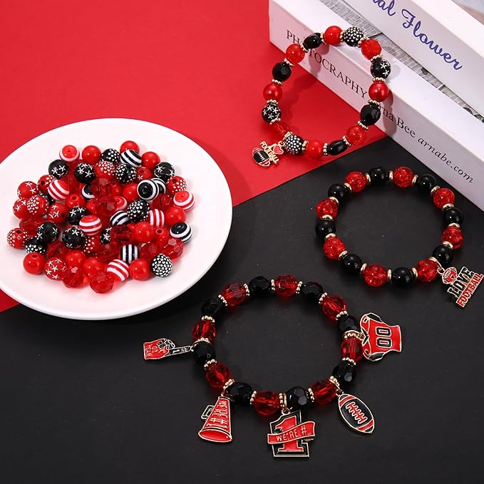 HSWE Game Day Beads for Bracelets Making Kit,Red Black Heishi Clay Pearl Letter Assorted Round Beads Gold Spacer Beads with Football Charms for DIY Bracelets Necklace Jewelry Making, 2100PCS+