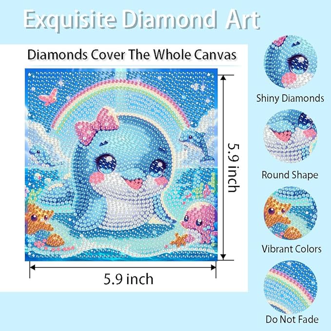 cdjlddww 4 Packs 5D Cartoon Diamond Art Kits for Adults, Cute Sea Animals Art Kit for Adults, DIY Full Round Drill Gem Art for Home Wall Decor Present 6X6 inch(Without Frame)