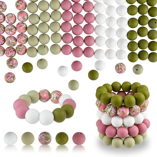 ASTARON 100 Pcs 15mm Silicone Beads for Keychain Making, Pink Green White Beads Bulk Round Beads for Bracelets Crafts Beadable Pens Decorations Jewelry Making Supplies