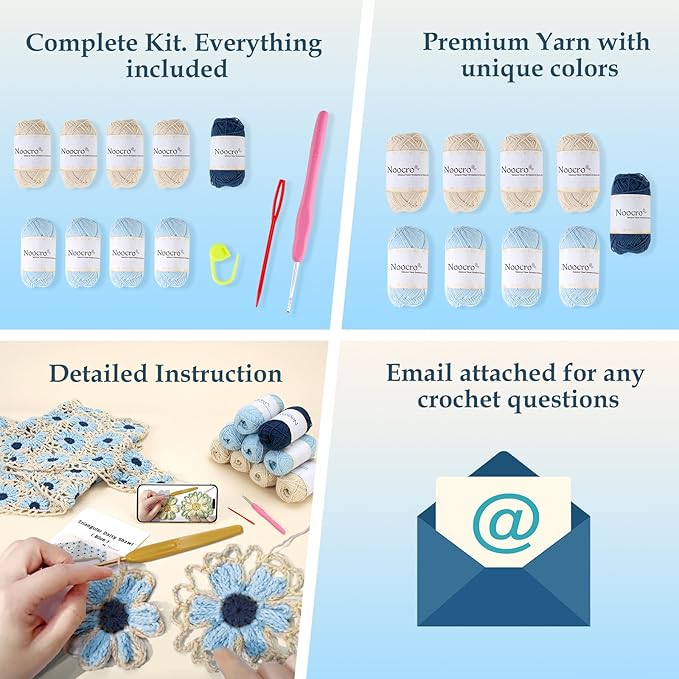 Noocro Crochet Kit for Intermediate or Advanced Levels, Complete Craft Kit for a Floral Daisy Shawl with Step by Step Video Tutorials Detailed Instructions, Perfect Holiday Gift or DIY Project (Blue)