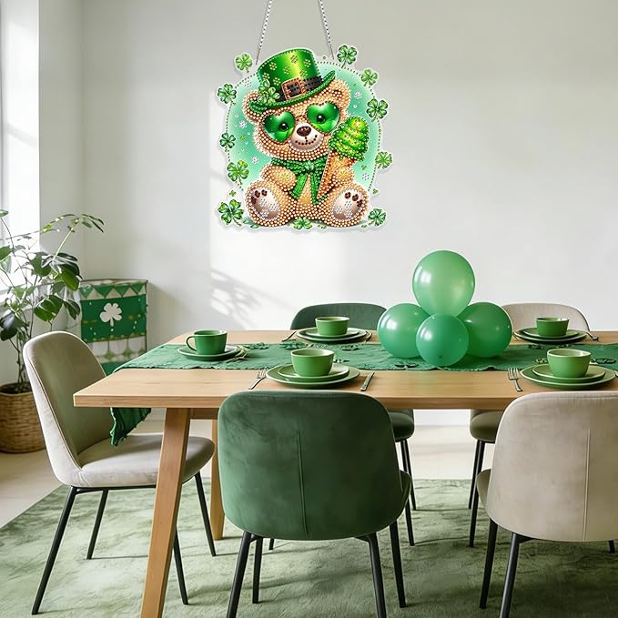 GHHKUD Bear Diamond Art Hanging Kit for Adults, DIY Double Sided Diamond Painting Hanging St.Patrick's Day, Special Shaped Acrylic Ornaments Pendants for Window Home Garden Wall