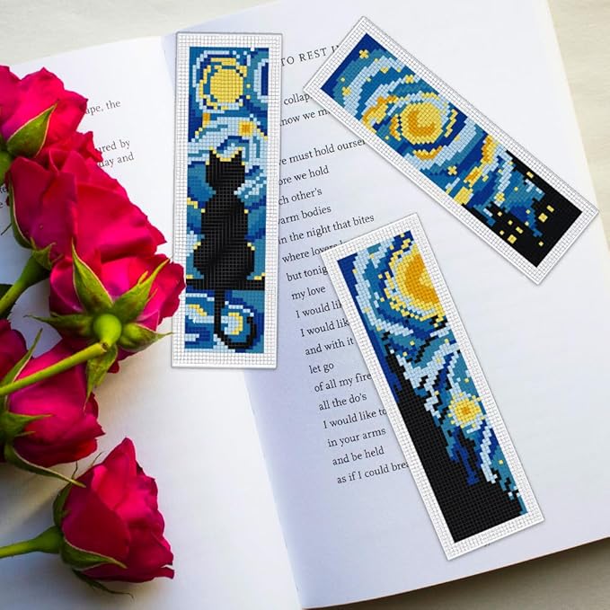 ORIGACH 6 Set Starry Night and Black Cat Cross Stitch Bookmark Kit for Beginner with Backing Felt Floss Instructions DIY Stamped Embroidery Bookmark Kit for Adults, Book Lovers