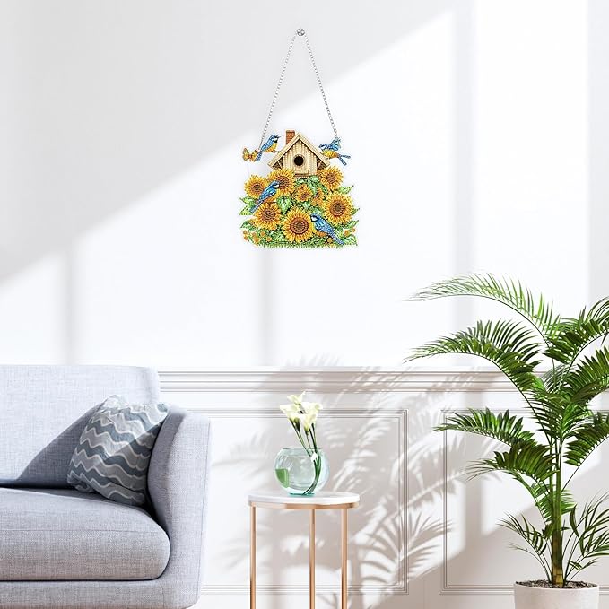 QENSPE Diamond Painting Art Hanging Kits for Adults, 5D Sunflower Diamond Paingting Ornaments with Chain, DIY Blue Birds Crystal Window Pendants for Home Wall Decor Double Sided Gift 8X8 inch