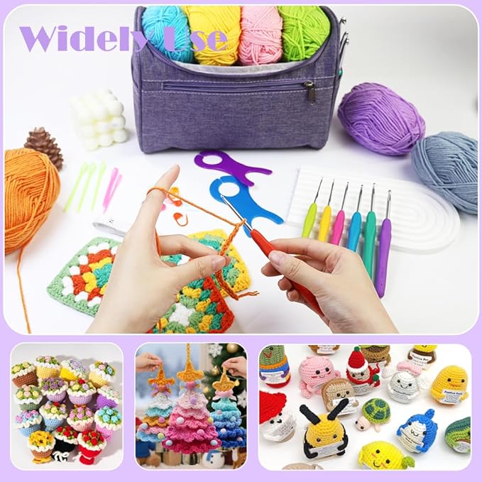 yarniss crochet kits for beginners with instruction, all-inclusive crochet set include 840 yards yarn&14 sizes crochet hooks, crocheting kit for adult with bag,purple