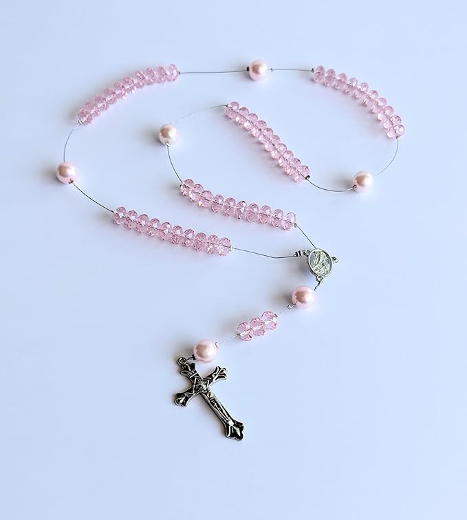 Linpeng Pink Crystal Bead Box Rosary Necklace DIY kit, Rhodochrosite