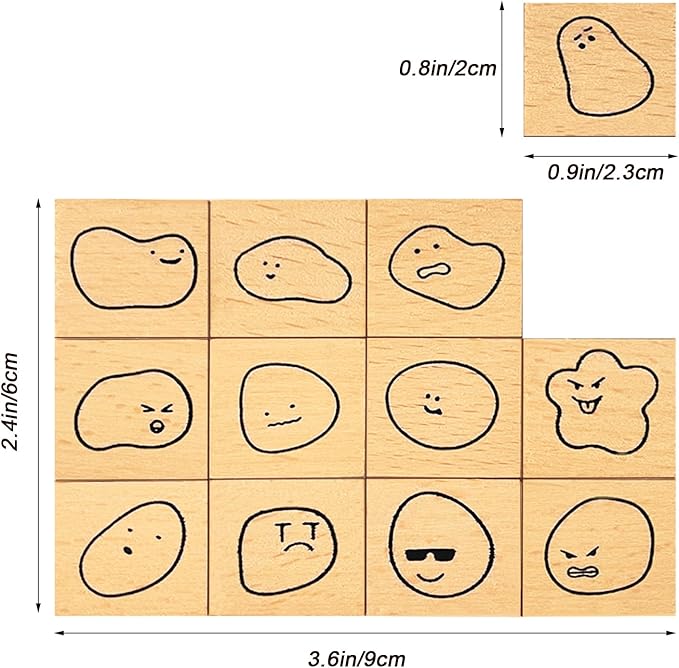 Mood Expression Wooden Rubber Stamps Kit - 12Pcs Emoticon Theme Stamps for Diary Planner, Scrapbooking, Card Making, Journal Decor and Bullet Journal