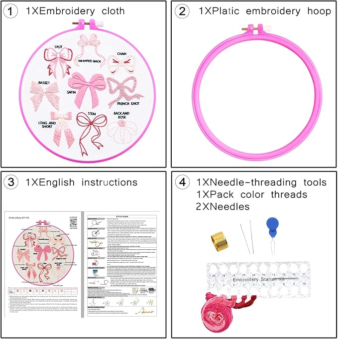 Pink Bowknot Embroidery Kits for Beginners Adults, Cute Hand Embroidery Starter Kits, Counted Cross Stitch Kits for Beginners DIY Craft Kits for Adults Women, Embroidery Hoops, Thread & Video Tutorial
