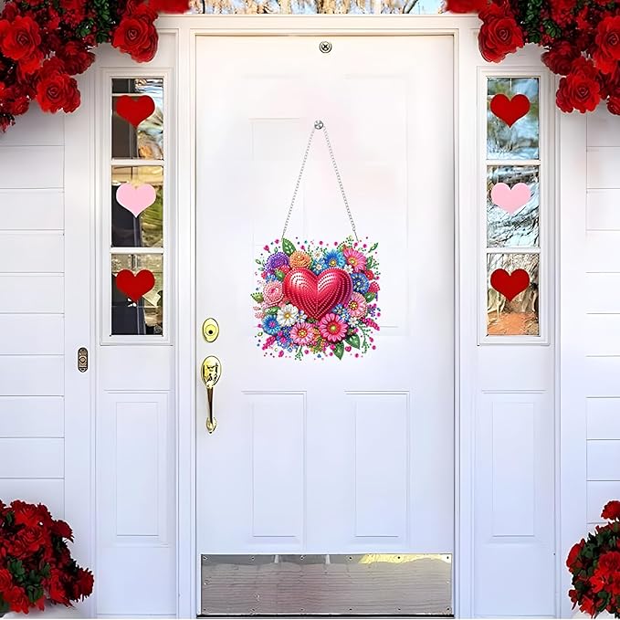 Valentine's Day Diamond Art Hanging Ornaments Kits for Adults, Heart Flower Diamond Painting Pendant Kits, DIY Acrylic 5D Special Shaped Crystal Gem Art Painting Ornament for Home Wall Decor Gift