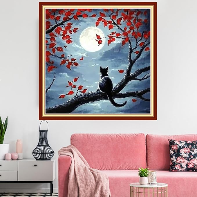 Redxing Stamped Cross Stitch Kits Embroidery kit for Beginners Adults Full Range of Embroidery Patterns Starter Kits DIY Printed Cross Stitch Kits Needlepoint Kits 11CT-Cat Admiring Moon 18x18 inchs