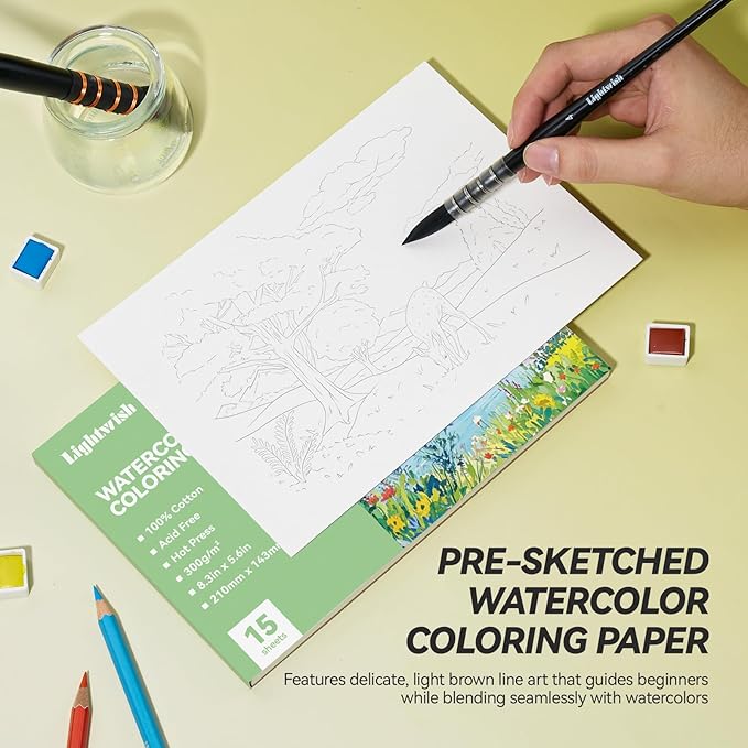 Lightwish Watercolor Coloring Book for Adults & Beginners,100% Cotton 300gsm/140lb Acid-Free Hot Press Paper, 8.3 x 5.6 Inches,15 Sheets,Landscape-Themed