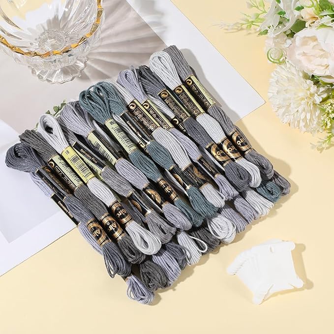 24 Skeins 6 Strands Grey Embroidery Thread Floss Variegated Gradient Friendship Bracelets String Cross Stitch Threads Bulk with 12 Floss Bobbins for Bracelet Making Sewing Knitting Craft Diy