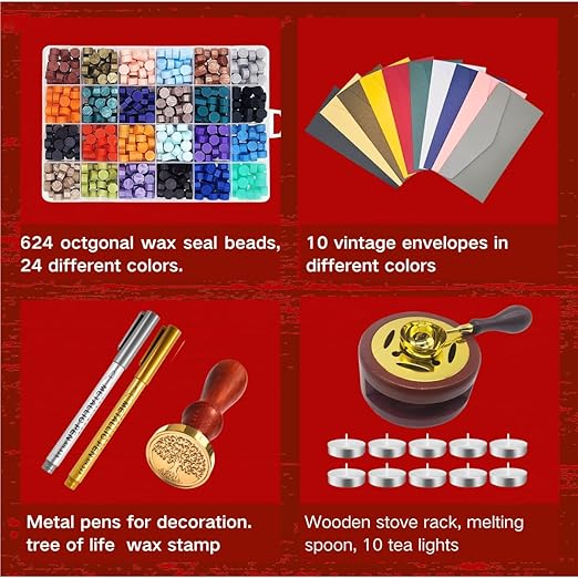 xxxHOLIC Wax Seal Kit with Copper Stamp – 624 Beads in 24 Colors, Smokeless & Crack-Resistant Wax Seal Set with Melting Station & Gilding Pens for Wedding Invitations & Gift Wrapping
