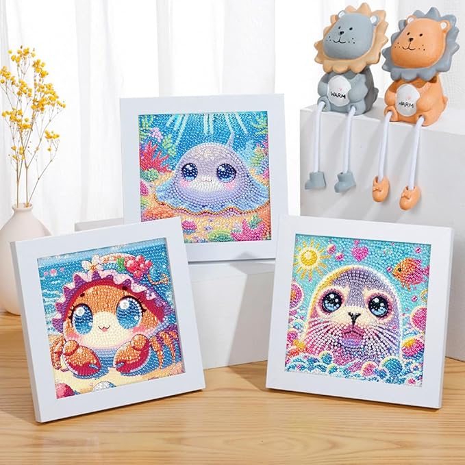 cdjlddww 4 Packs 5D Cartoon Diamond Art Kits for Adults, Cute Sea Animals Art Kit for Adults, DIY Full Round Drill Gem Art for Home Wall Decor Present 6X6 inch(Without Frame)