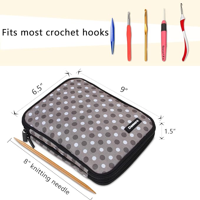Damero Crochet Hook Case, Travel Storage Bag for Swing Crochet Hooks, Lighted Hooks, Needles(Up to 8'') and Accessories, Large, Gray Dots (No Accessories Included)