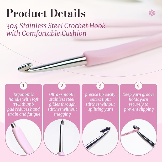 Yarniss Apex Stainless Steel Crochet Hooks Set 3.0mm-6.0mm,Hand-Polished Crochet Hooks with Ergonomic Handle for Beginners, Gift for Crocheter