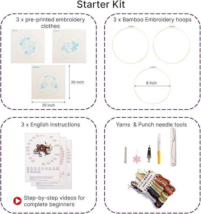 Looples Embroidery Kit for Beginners and Adults with Video Tutorials - Complete Embroidery Starter Kit with 3 Stamped Floral Patterns, Hoops, Threads, Needles, and Instructions (Car, Globe and Camera)