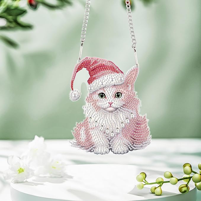 DIY 5D Diamond Painting Hanging Ornament Christmas Cat Design, Crystal Rhinestone Diamond Art Pendant, Handmade Suncatcher for Home, Wall, Window, and Holiday Gift