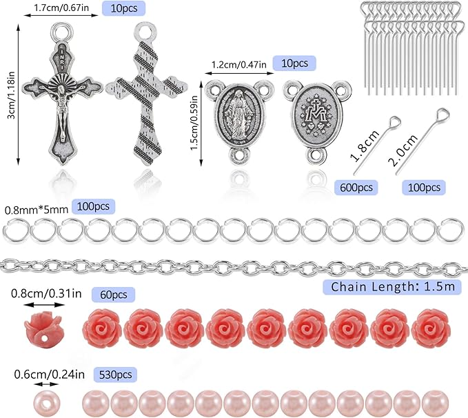 OEMOO 1410PCS Rosary Jewelry Making Kit Rosary Prayer Making Supplies Carved Rose Beads Cross Centerpiece Crucifix Medal, Silver Jesus Maria Pendant for Rosary Bracelet Necklace Jewelry (Pink)