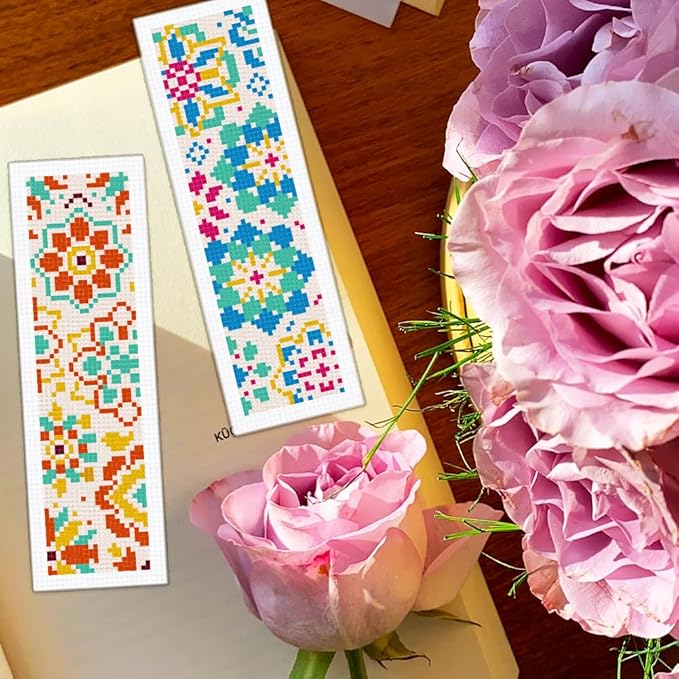 BEUNITONE 6 Pcs Mandala Cross Stitch Bookmark Kits for Beginners DIY Stamped Embroidery Bookmark Kit Colorful Floral Punch Needle Set with Instructions Craft Kit for Book Lover Gifts 8''x2.4''